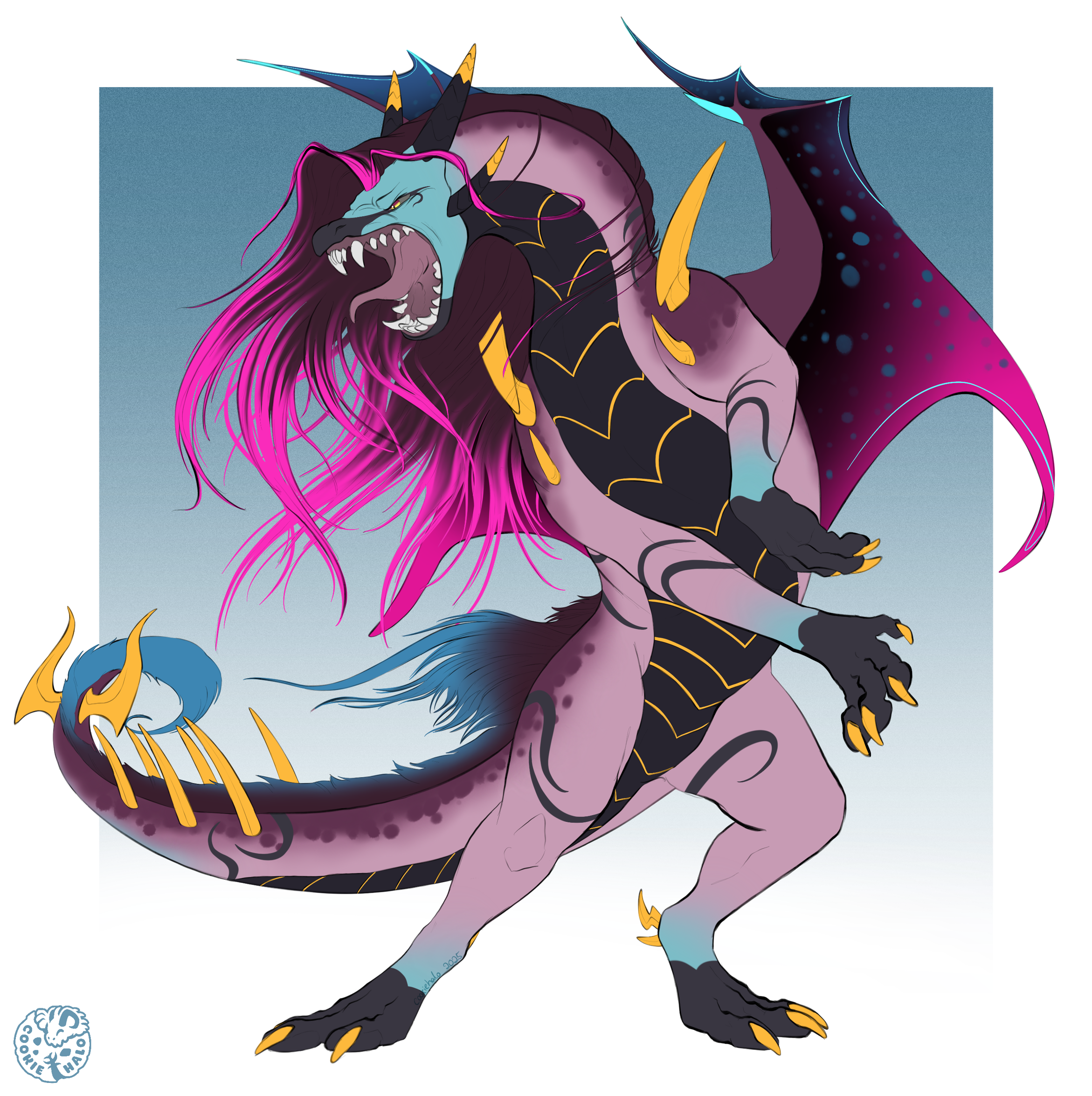 black and purple dragon in a fighting pose rearing on two back legs, mouth open with teeth bared.